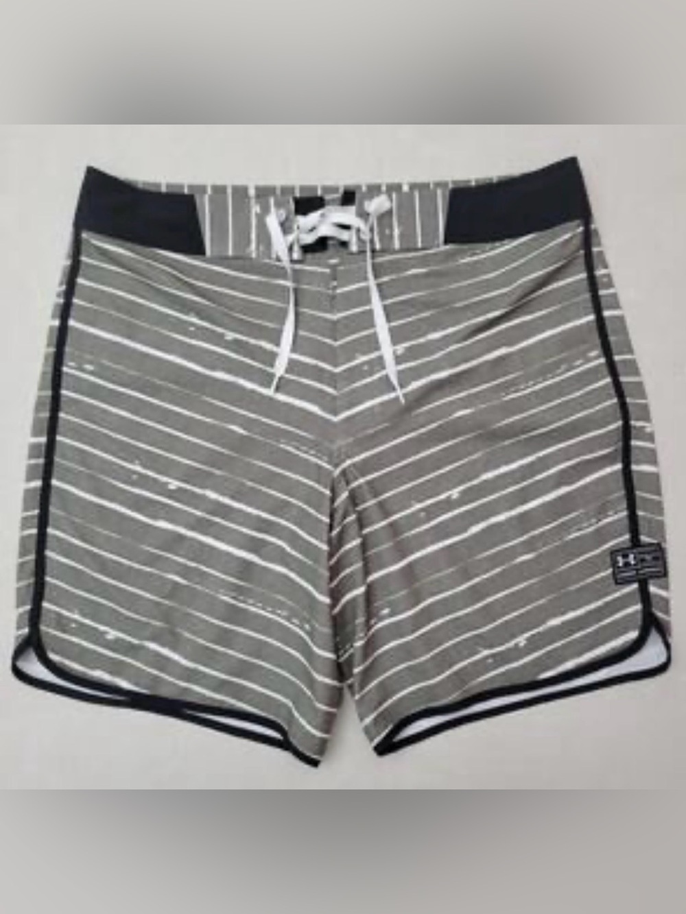 Under Armour Gray and White Striped Men’s Swim Trunks with Black Accents